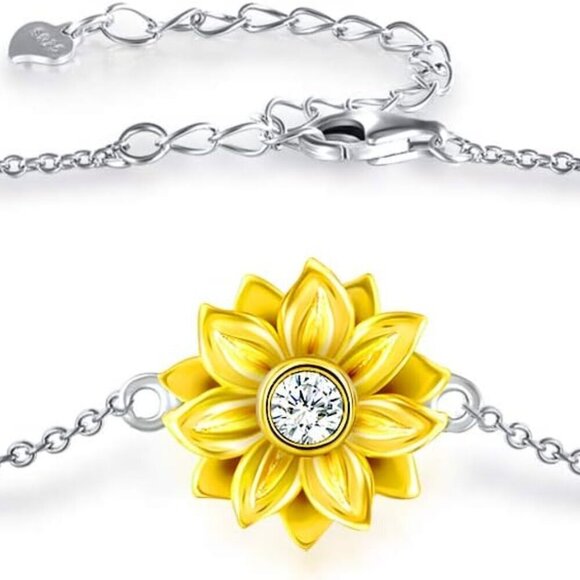 Sterling Silver Sunflower Heart Charm Bracelet Women Adjustable Gift Jewelry